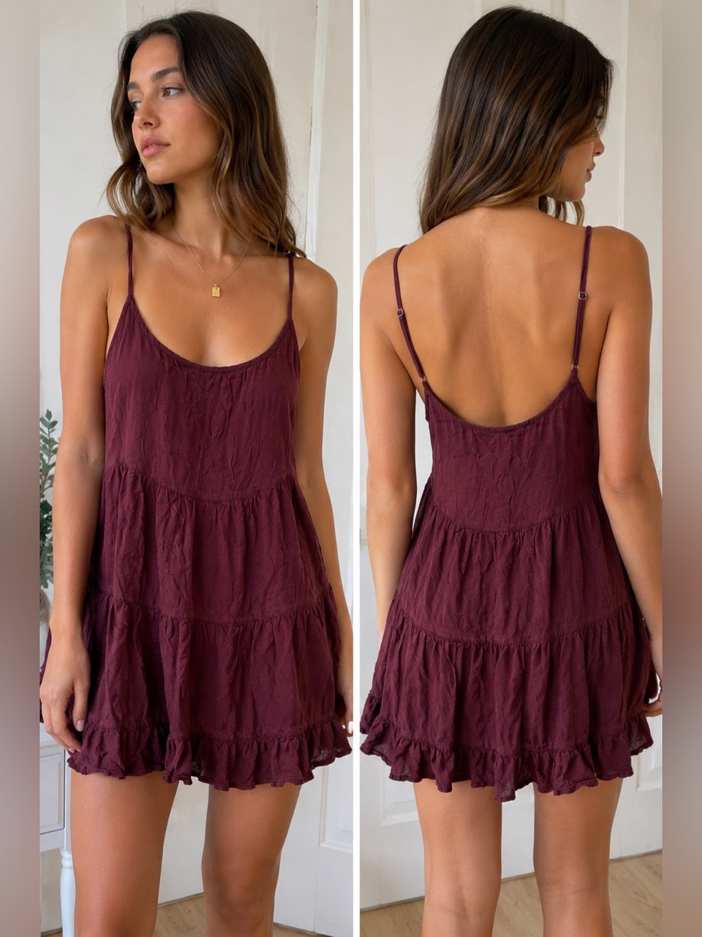 Brandy Melville Burgundy Tiered Babydoll Mini Dress Rayon One Size Cottagecore